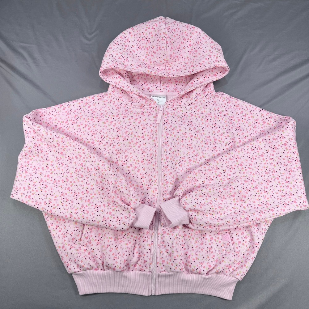 Blogilates Womens M Pink Floral Cotton Blend Zip Up Cropped Hoodie Balloon